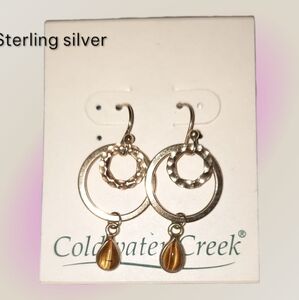 Sterling Coldwater Creek goldtone Tigers Eye Circle Dangly Earrings Goldtone 925